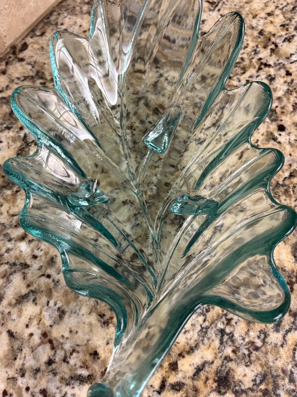 Clear Aqua Glass Leaf Bowl - Decorative Centerpiece